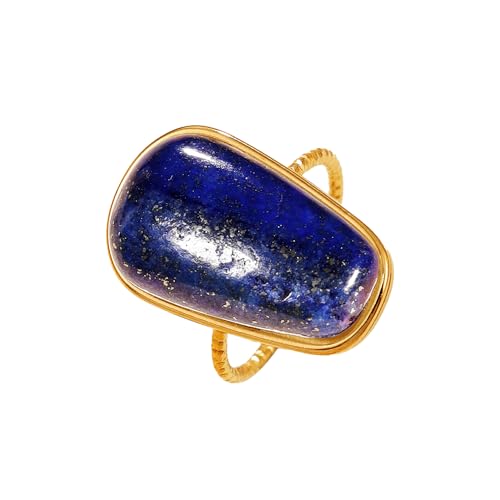 OIDIMS Gemstone Statement Ring for Women Gold-Tone Stainless Steel Natural Stone Rose Quartz Aventurine Turquoise Adjustable Open Band Stacking Finger Rings Boho Cocktail Wedding Party Jewelry - color: Lapis Lazuli