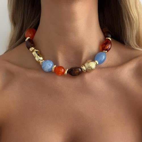 Chunky Acrylic Beaded Necklace for Women Colorful Acrylic Resin Beaded Choker Big Round Beads Statement Necklace Fashion Jewelry - color: Brown