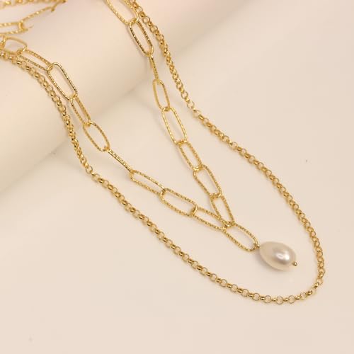 LeCalla Italian Sterling Silver Layered Necklace Handmade Multi Row Layering Necklaces for Women - color: Freshwater Pearl PaperClip Layered