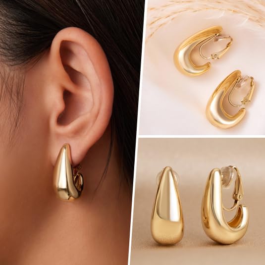 FAN&LOUIS Gold and Silver Clip On Earrings for Women, Chunky Huggie Teardrop Clip-on for Non Pierced Ears - style: Set