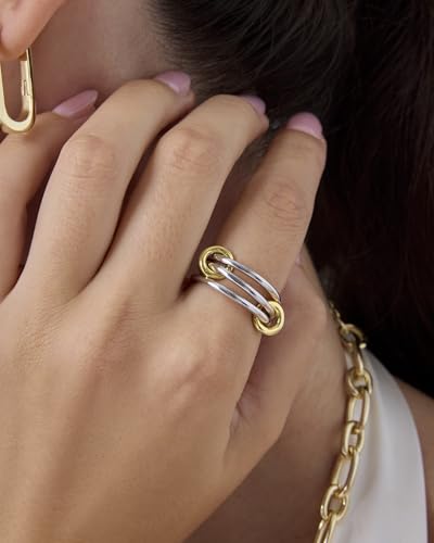 PAVOI 14K Gold Plated Interlocked Stackable Rings for Women - Statement Mixed Metals Multi Ring Stack - Cubic Zirconia Two-Toned Connected Bands Stacking Jewelry - style: Plain - White Gold