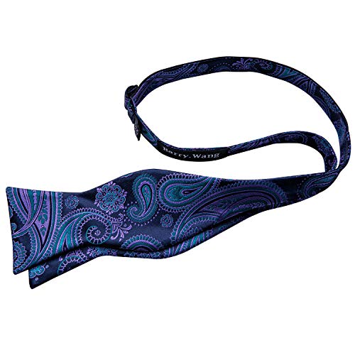 YOHOWA Bow Ties for Men Self-tied Silk Bowtie Solid Color with Lapel Pin and Handkerchief Cufflinks for Wedding Party Prom - color: Dark Blue Purple