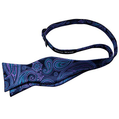 YOHOWA Bow Ties for Men Self-tied Silk Bowtie Solid Color with Lapel Pin and Handkerchief Cufflinks for Wedding Party Prom - color: Dark Blue Purple