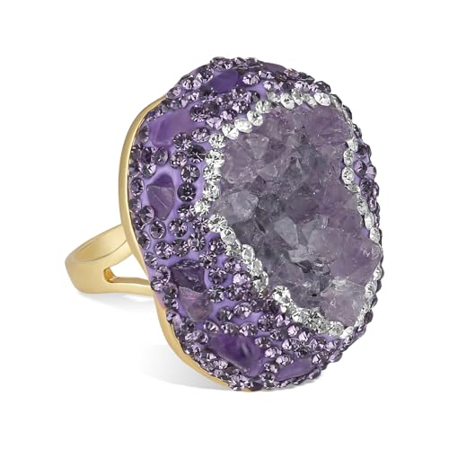 HZMAN Natural Stone Statement Ring for Women, Crystal Paved Bold Cocktail Ring, Adjustable Gold Tone Fashion Jewelry - color: Amethyst Druzy Stone