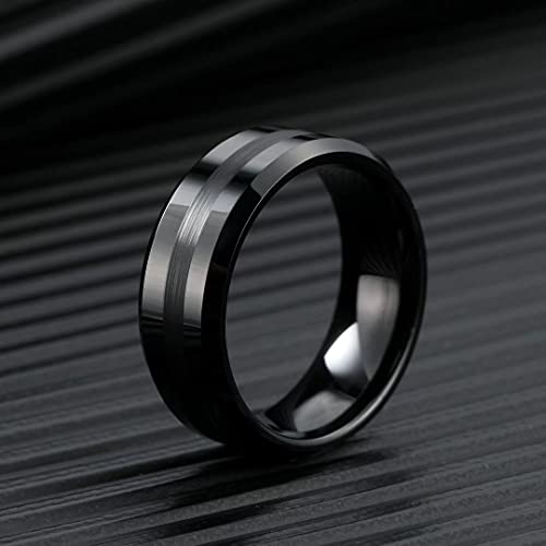 King Will Classic Tungsten Carbide Ring Brushed Two Grooved Center Hammered Design Mens Wedding Band for Men | Black/Silver/Gold, 8mm, Men's Wedding Band, Grooved, Comfort Fit, Everyday Wear - color: A-Black 8mm