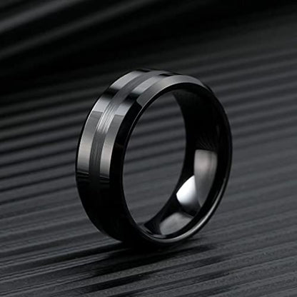 King Will Classic Tungsten Carbide Ring Brushed Two Grooved Center Hammered Design Mens Wedding Band for Men | Black/Silver/Gold, 8mm, Men's Wedding Band, Grooved, Comfort Fit, Everyday Wear - color: A-Black 8mm