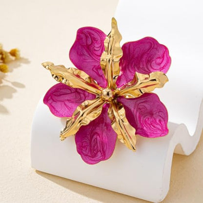 Retro Large Gold Leaves Black Red Enamel Flower Ring for Women Jewelry Gift | Bold Oil Drip Light Red Floral Irregular Petals Statement Gold Leaf Joint Finger Ring Punk Vacation Y2k Party Boho Accessory - color: Red