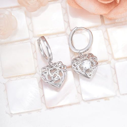 Sterling Silver Dangle Hoop Earrings Charms CZ Love Knot with Heart Shap Hypoallergenic White Gold Plated Fashion Jewelry Dainty Birthday Gift