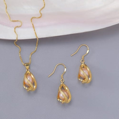 Pearl Jewelry Set For Women S925 Sterling Silver/14K Gold Plated Necklace & Earrings Set Freshwater Pearl Pendant Cage Set for Wedding Anniversary Prom Birthday Gift - color: Golden-Pink