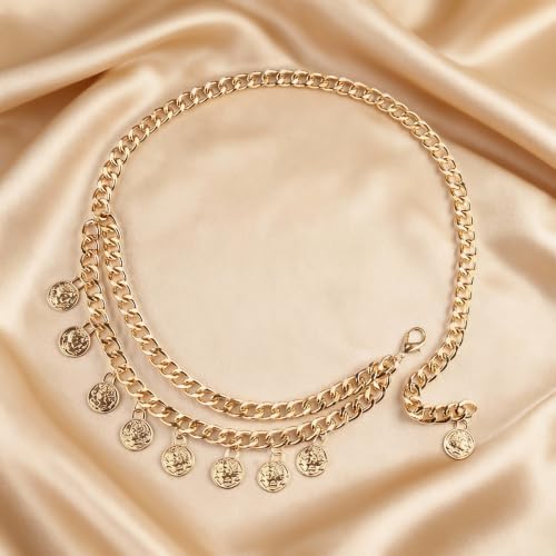 Pirate Waist Chain for Women Multilayer Metal Waist Chain Belt Adjustable Long Belt Body Belly Chain Boho Layered Coin Waist Chain Pirate Costume Women Men Jewellery - style: 408-HSYL-F 90cm