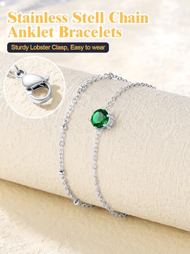 U7 Silver Ankle Bracelet for Women, Waterproof Layered Ankle Round Gem Birthstone Anklets, Summer Beach Foot Jewelry, Adjustable 8.5"-10.5" - color: 05.May-Emerald Green