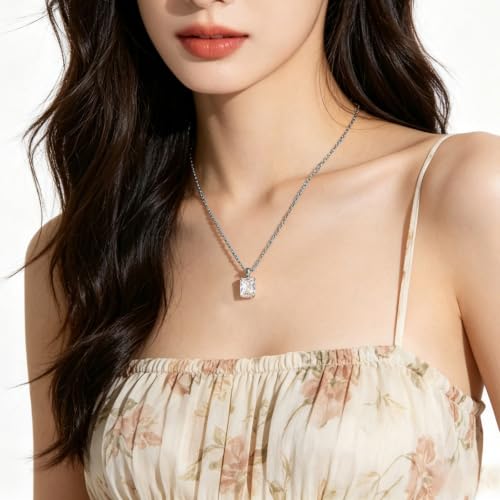Cubic Zirconia Solitaire Necklace Stainless Steel, Rectangle Color Change Synthetic Alexandrite/Solitaire Necklace Pendant Women - color: Rectangle-Princess cut CZ-S