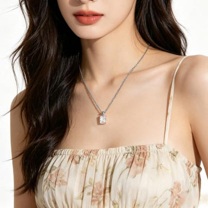 Cubic Zirconia Solitaire Necklace Stainless Steel, Rectangle Color Change Synthetic Alexandrite/Solitaire Necklace Pendant Women - color: Rectangle-Princess cut CZ-S