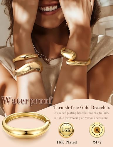 sailimue Chunky Gold Bracelets for Women Non Tarnish Bangles 4 Pcs | 16K Gold Plated Cuff Bracelets Stack Hinged Open Bangle Trendy Jewelry Gifts - style: Style A