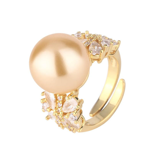 Double Side Butterfly Crystal Bezel Faux Pearl Open Ring, White Gray Gold Two Tone Silver Gold Luxury Evening Cocktail Ring for Women (gold)