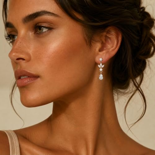 Sonateomber Gold Silver Pearl Rhinestone Dangle Earrings for Women, Elegant CZ Leaf Butterfly Bridal Earings Prom Wedding Fashion Jewelry Gift - color: Gold CZ