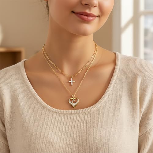 14K Gold Plated Layering Necklaces,Heart Initial Layered Necklace Cross Pendant Necklace Charm Personalized Stackable Jewelry Gift for Her - style: T