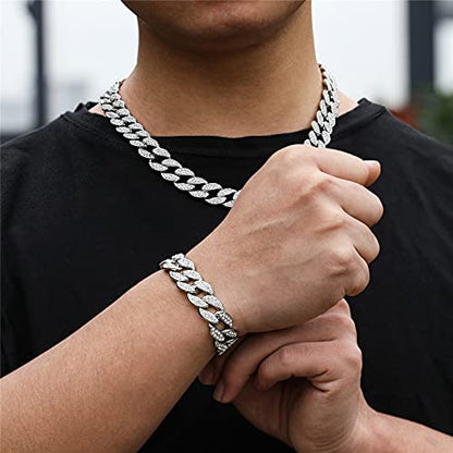 Saintda Iced Out Cuban Link Chain Necklace Bracelet Set for Men | 14mm Cuban Link Necklace Bracelet Jewelry Set Diamond Iced Out Mens Bling Thick Necklaces Chains - color: Silver-W:15MM-THK:3MM, size: 20inch