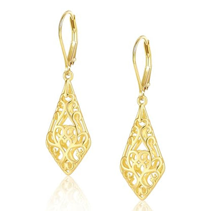 BOUTIQUELOVIN Filigree Dangle Earrings for Women Drop Earings | 14K Gold Plated Geometric Dangling Leverback Earrings Silver Hypoallergenic Dangly Earings Lightweight Daily Jewelry Gifts - color: A-14K Gold