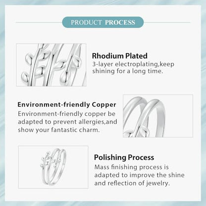 Silver Open Adjustable Stacking Rings for Women, Minimalist Wrap Band Set, Geometric/Heart/Wave/Leaf/Spiral Styles, Hypoallergenic, Gift Box Included, Thumb Ring Option - color: Leaf
