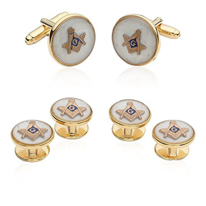 Cuff-Daddy Mens White Freemason Cufflinks for Men with Shirt Studs | Masonic Tuxedo Formal Set Enamel Cufflinks and Studs with Travel Presentation Gift Box for Wedding Party Groomsmen Groom