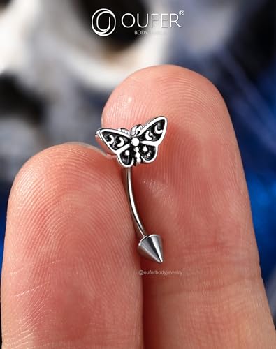 OUFER Halloween Moth Rook Eyebrow Piercing Jewelry, 316L Surgical Steel Rook Earrings for Women Men, Spooky Eyebrow Rings, 16G Curved Barbells, Halloween Body Piercing Jewelry-8mm