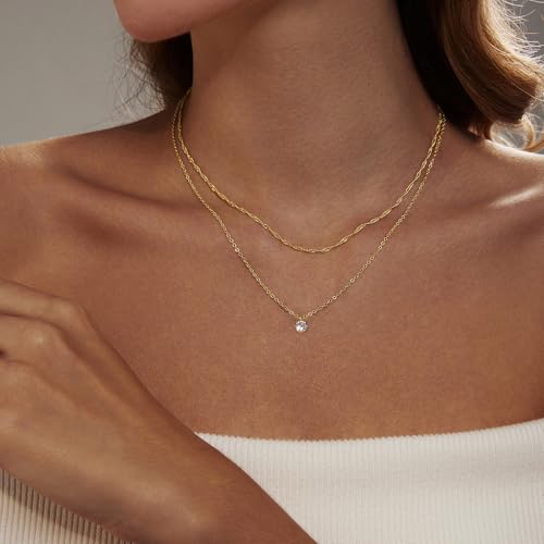 Luxval Diamond Pendant Gold Necklace for Women，Dainty 18k Gold Plated Choker Necklaces Simple Gold Jewelry Gifts for Women - color: Gold-Round CZ Layered