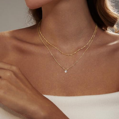 Luxval Diamond Pendant Gold Necklace for Women，Dainty 18k Gold Plated Choker Necklaces Simple Gold Jewelry Gifts for Women - color: Gold-Round CZ Layered