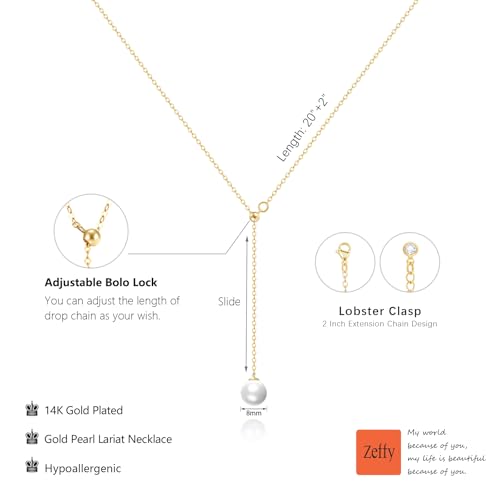 Zeffy Gold Pearl Necklace for Women, Dainty 14K Gold/Silve Plated Layered Pearl Choker Pearl Earrings Pearl Bracelets Wedding Trendy Gold Jewelry Set for Women Gifts - style: Gold Pearl Y Necklace-1PCS