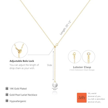 Zeffy Gold Pearl Necklace for Women, Dainty 14K Gold/Silve Plated Layered Pearl Choker Pearl Earrings Pearl Bracelets Wedding Trendy Gold Jewelry Set for Women Gifts - style: Gold Pearl Y Necklace-1PCS