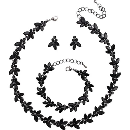 Bridal Wedding Crystal Leaf Choker Necklace Dangle Earring Bracelet Brides Bridesmaid Jewelry Set for Women - color: Black-Jet