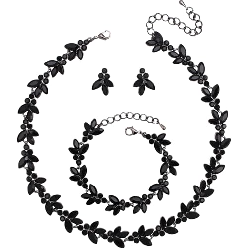 Bridal Wedding Crystal Leaf Choker Necklace Dangle Earring Bracelet Brides Bridesmaid Jewelry Set for Women - color: Black-Jet