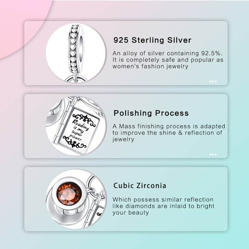 LUXILLA Love You Best Friend Grandma Wife Heart Charm 925 Sterling Silver Charms Fit for Bracelets Necklace Jewelry Gift for Women - color: Book and Coffee Cup Charm