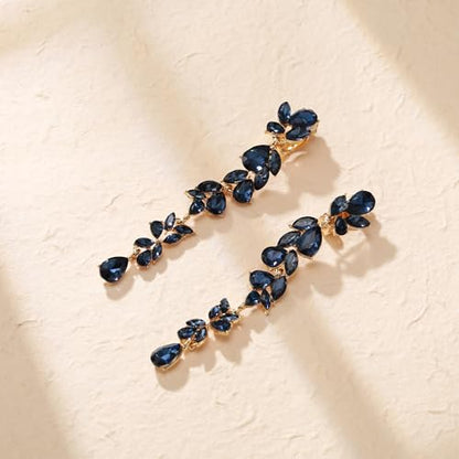 Crysdue Clip On Earrings for Women Rhinestone Crystal Teardrop Cluster Wedding Bridal Non Pierced Long Dangle Earring for Prom Party - color: Sapphire Gold-Tone
