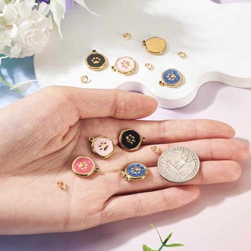 8Pcs Flat Round Dog Paw Print Enamel Charms Pendant, Cute Animal Footprint Golden Stainless Steel Dangle Charm with Jump Ring for DIY Necklace Earring Keychain Jewelry Making - color: Dog Paw Print