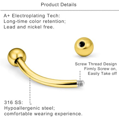 Lcolyoli 18pcs 16G Clear Bioflex Acrylic & Stainless Steel Eyebrow Barbell Rook Daith Earrings Belly Studs Cartilage Tragus Barbell Body Piercing Jewelry Retainer 6mm 8mm 10mm - color: C:18pcs/gold-tone