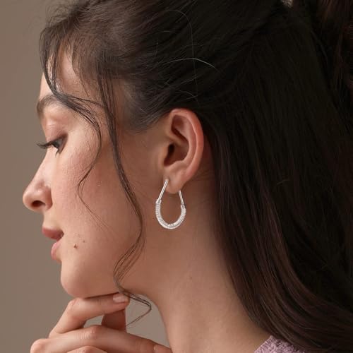 LeCalla 925 Sterling Silver Hoop Earrings for Women | Italian Design Classic Diamond-Cut Textured Hoops Earring | Women's Oval Drop Shape Silver Earring Jewelry - color: Large Twisted