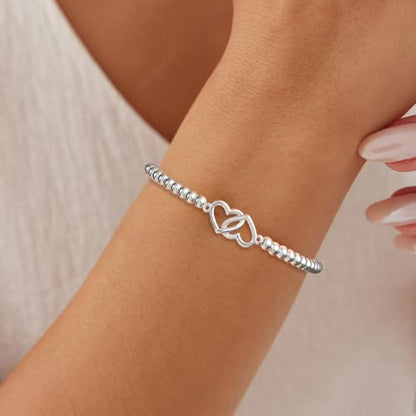 Beaded Bracelets for Women 14K Silver Gold Plated Stretch Handmade Ball Bracelets Cute Charm Bracelet Dainty Stackable Cross Heart Bow Wave CZ Circle Trendy Jewelry Easter Gifts - color: double-heart-silver
