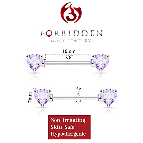 Forbidden Body Jewelry Pair of Surgical Steel 1/2-5/8 Inch (12-16mm) Cubic Zirconia Crystal Double Heart Nipple Barbells - style: Lavender