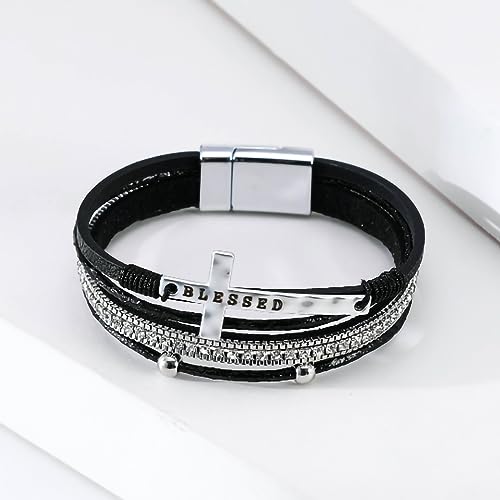 Fesciory Leather Wrap Bracelet for Women, Boho Western Layered Cuff Jewelry | Stackable Bracelets, Easy-On Clasp, Daily Wear, Pairs with Boho Western Outfits, Gift for Women - color: Black13