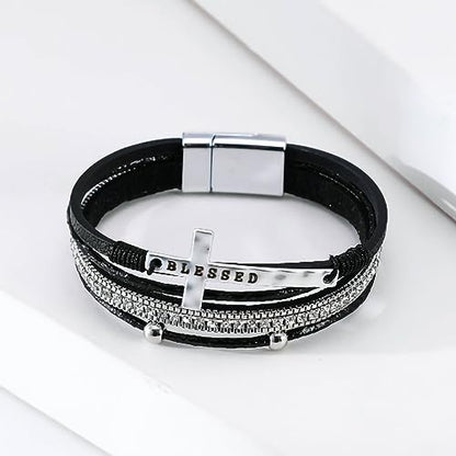 Fesciory Leather Wrap Bracelet for Women, Boho Western Layered Cuff Jewelry | Stackable Bracelets, Easy-On Clasp, Daily Wear, Pairs with Boho Western Outfits, Gift for Women - color: Black13