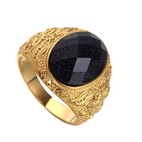 Retro Unisex Stainless Steel Oval Gemstone Hollow Flower Carved Signet Ring - color: Gold-Blue