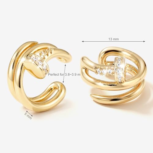 Cubic Zirconia Nail Ear Cuff Non-Piercing Cartilage Earrings | 14K Gold Plated No-Pierce Helix Cuff, Edgy & Minimalist Fashion, Jewelry Gift, Single Ear Cuff (Not a Pair) - color: Yellow Gold