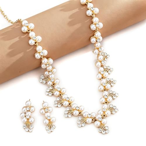 Simulated Pearl Bridal Jewelry Set White Pearl Leaf Pendant Necklace Earrings Set Zinc Alloy Rhinestone Wedding Party Jewelry for Bridesmaids Bride - color: white pearl