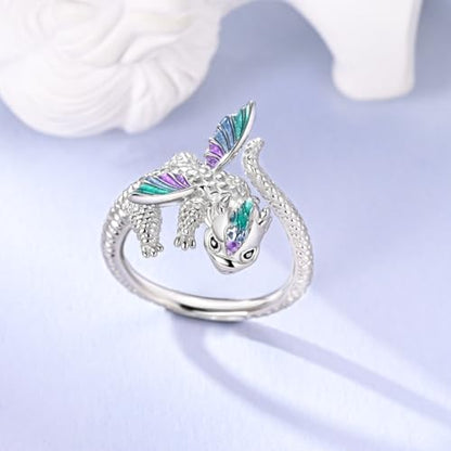 Hapour Adjustable Dinosaur Rings for Women S925 Sterling Silver Stackable Open Eternity Band Wing Dino Rings - color: B