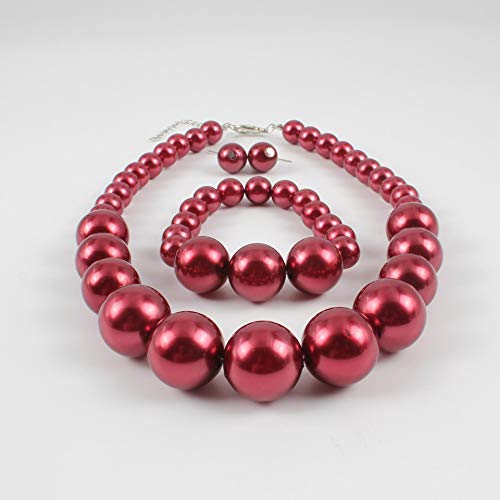 COLORFUL BLING Chunky Multicolor Simulated Pearl Choker Necklace Drop Dangle Earrings Bracelet Set Crystal Bib Big Large Round Beaded Strand for Women Brides Costume Statement 1920s Wedding Jewelry - color: Wine Red1