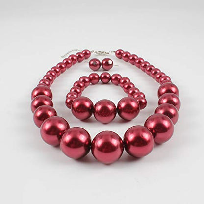 COLORFUL BLING Chunky Multicolor Simulated Pearl Choker Necklace Drop Dangle Earrings Bracelet Set Crystal Bib Big Large Round Beaded Strand for Women Brides Costume Statement 1920s Wedding Jewelry - color: Wine Red1