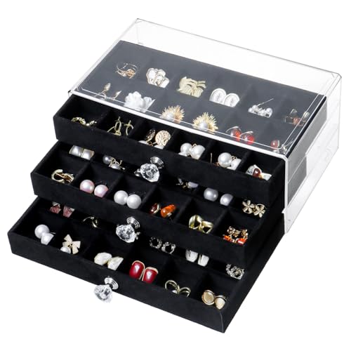 SPAKOWN Earring Box Holder Organizer Case, Clear Velvet Jewelry Storage Tray Organizer for Earring Ring Stud (Black - 3 Drawers) - color: Black, size: 3 Drawers