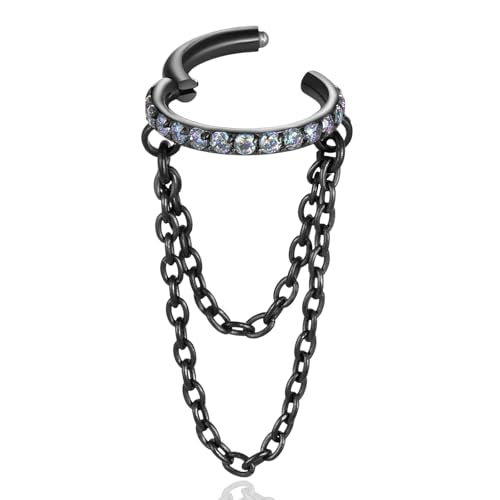 16G Titanium Cartilage Earrings Hoop 7mm 9mm Helix Piercing Jewelry with Single/Double/Triple Chains Hypoallergenic Hinged Clicker - style: new-black 2 chains 7mm