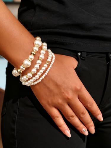 4/8 Pack Pearl Bracelets for Women Simulated Pearl Beaded Stackable Bracelet Set White Pearls Stretch Bracelet Set Multilayered Elastic Pearls Bracelets Bangles for Women Bridal Boho Jewelry - color: Gold